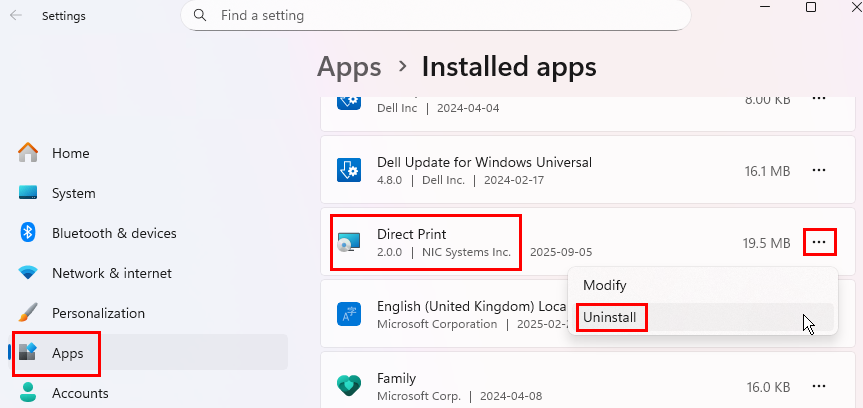 Uninstall the direct print app