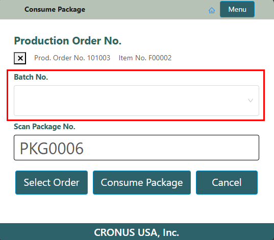 Batch No field when consuming packages