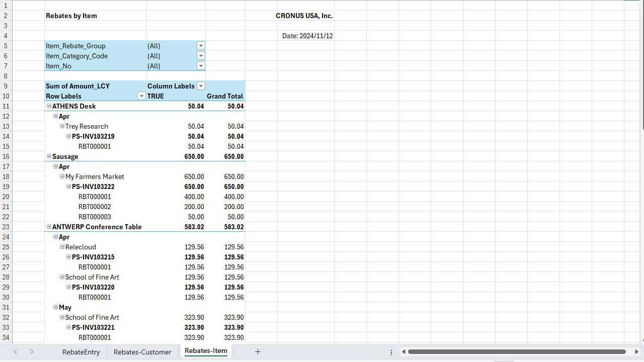 Rebates items in the Sales Rebates Excel report