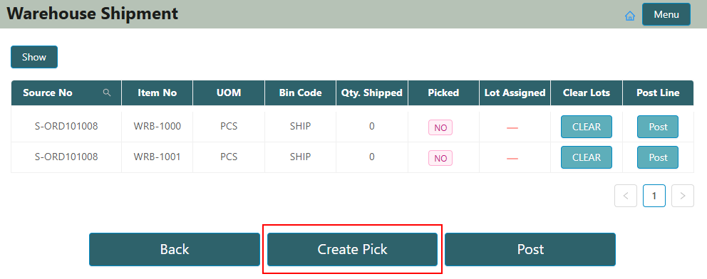 Create pick from warehouse shipment