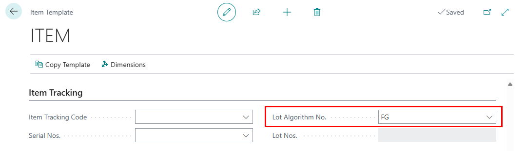 Select a lot algorithm number on the Item Template card.