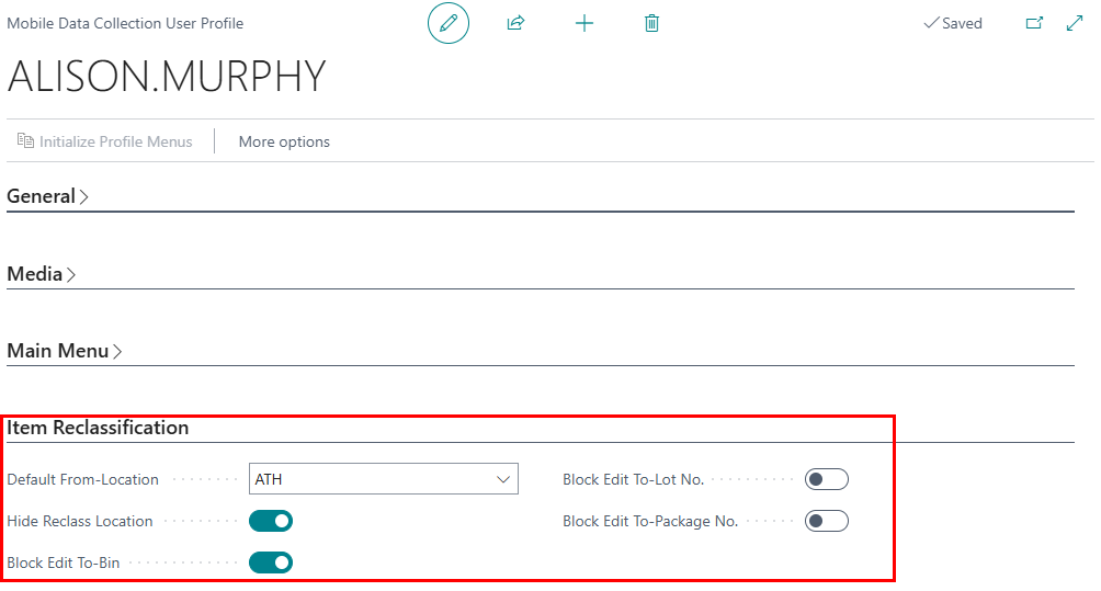 New fields on the Business Central Mobile Data Collection user Profile page